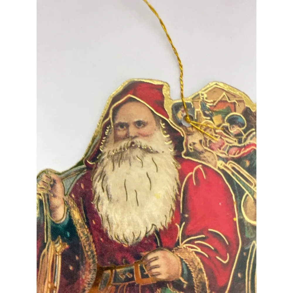 Vintage Style Die Cut‎ Cardboard Santa Claus Christmas Ornaments Gold Foil Set 2